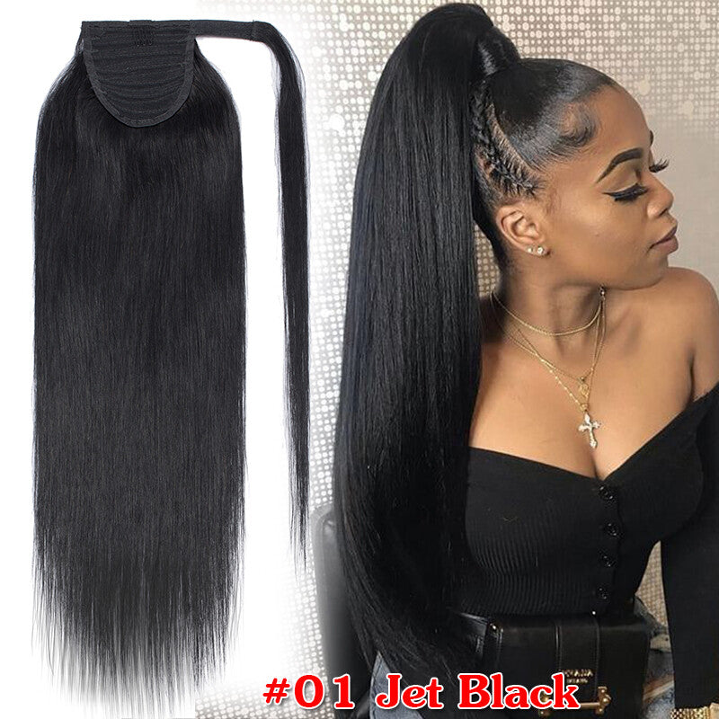 Clip-In Human Hair Ponytail Extensions Wrap Around Thick Hairpiece