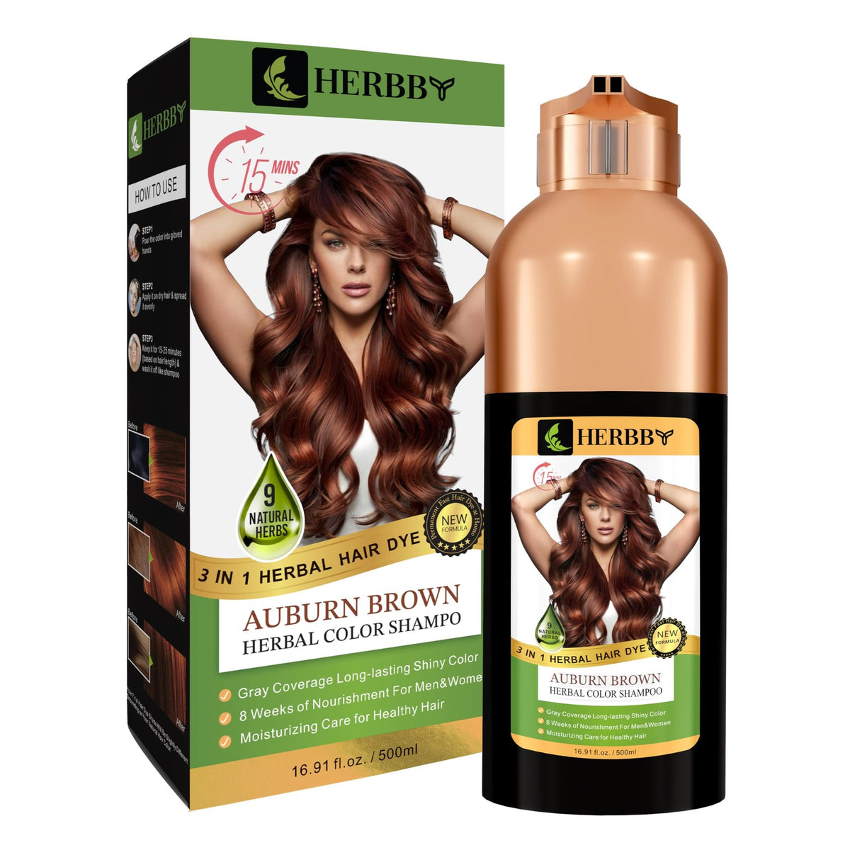 Hair Color Shampoo for Gray Coverage & Herbal Dye - 500ml Auburn Brown