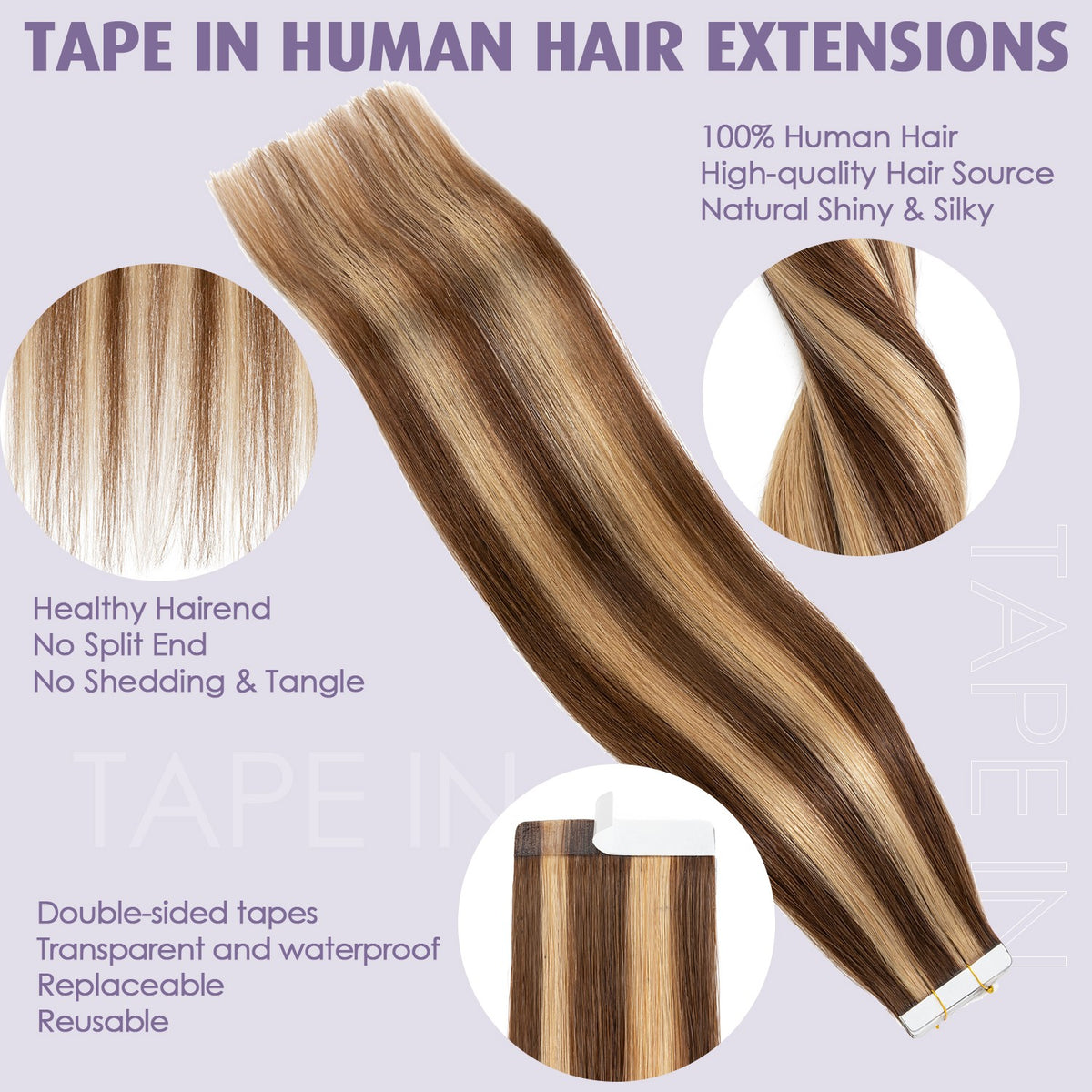 Tape-In 100% Remy Human Hair Extensions Full Head Balayage Ombre
