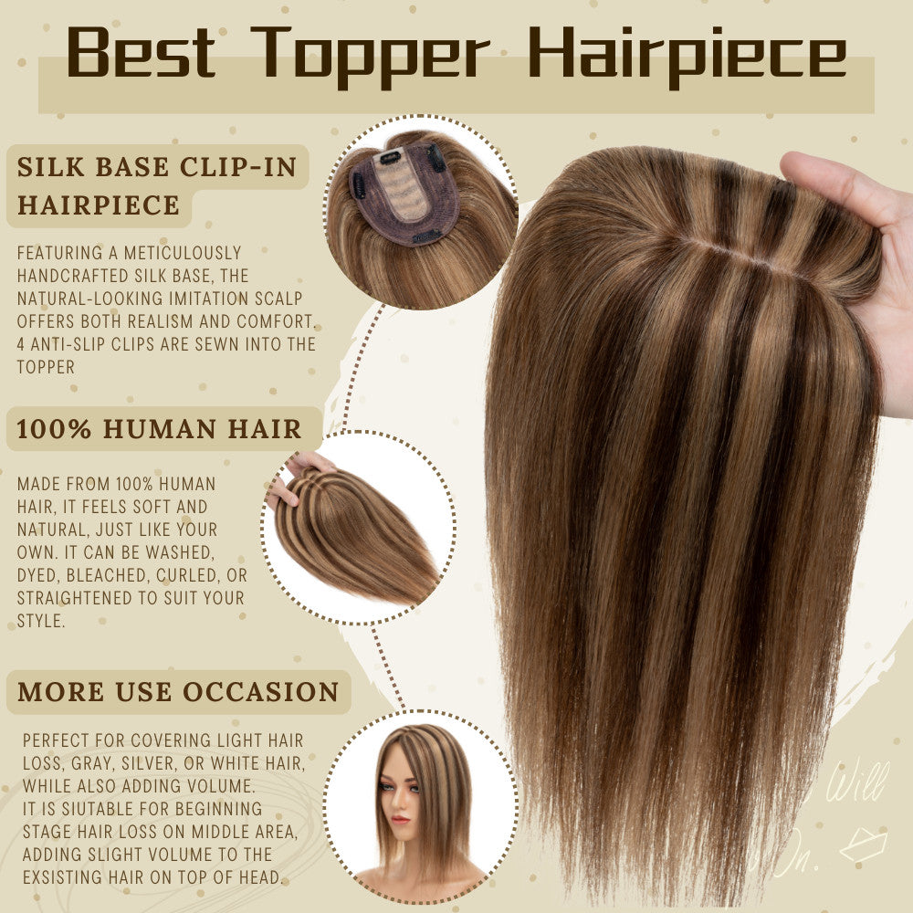 Clip-In Hair Topper for Women - Natural Remy Human Hair Wiglet with Lace/Silk Base