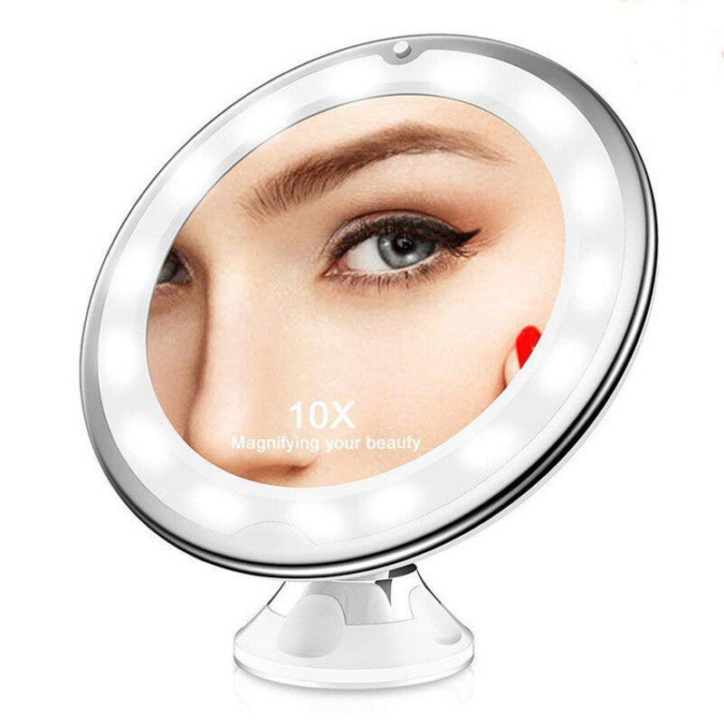Lighted 10X Magnifying Makeup Mirror with LED Brightness & Rotatable Suction Base