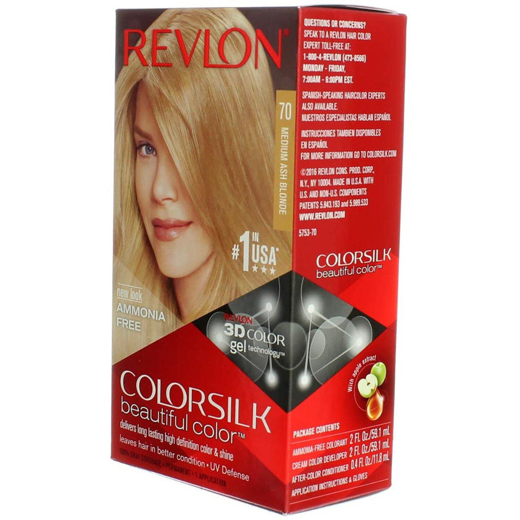 Revlon ColorSilk Hair Color 70 Medium Ash Blonde Pack of 11 - Permanent Gel