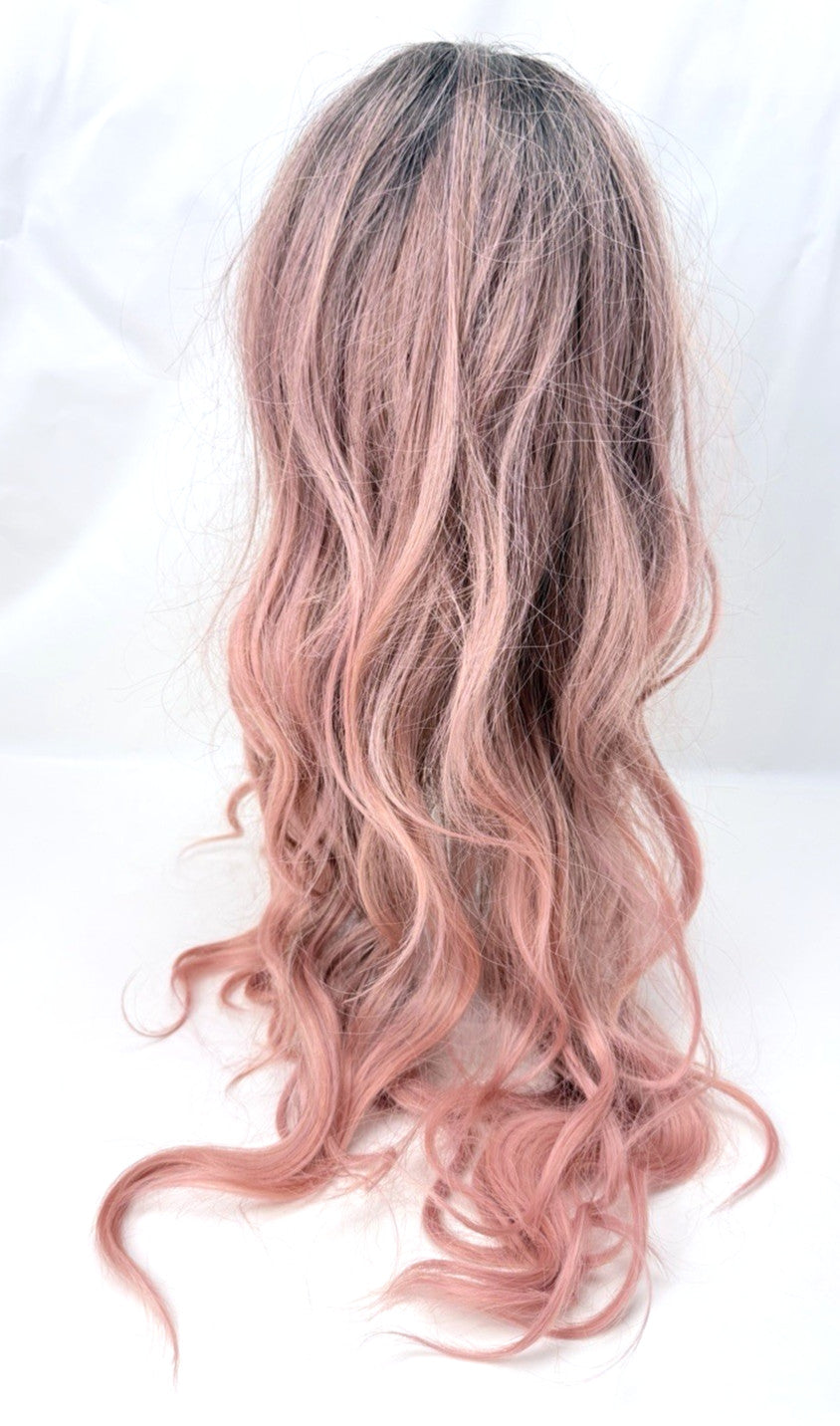 Long Pink Ombre Wavy Wig 26 Inch Synthetic Hair with Middle Part & Adjustable Cap