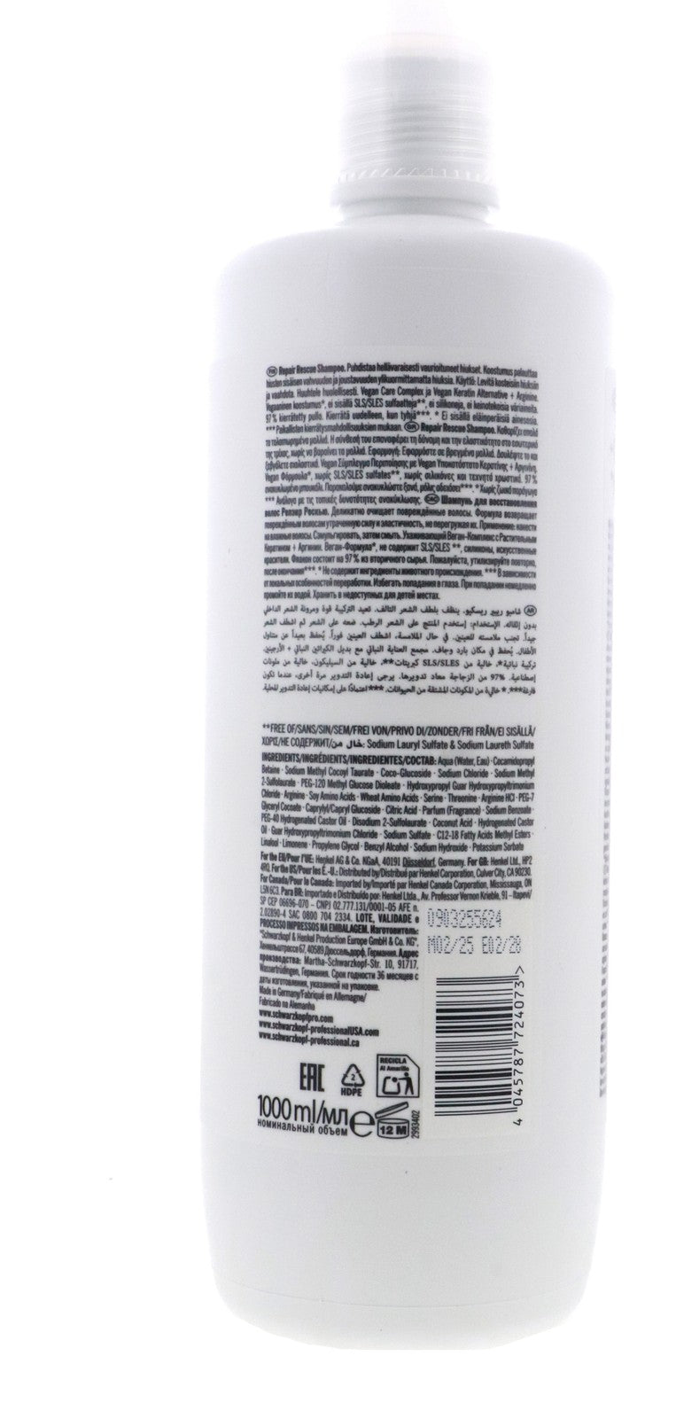 Schwarzkopf Bonacure Repair Rescue Shampoo Arginine 33.8 oz - Gentle Hair Cleansing