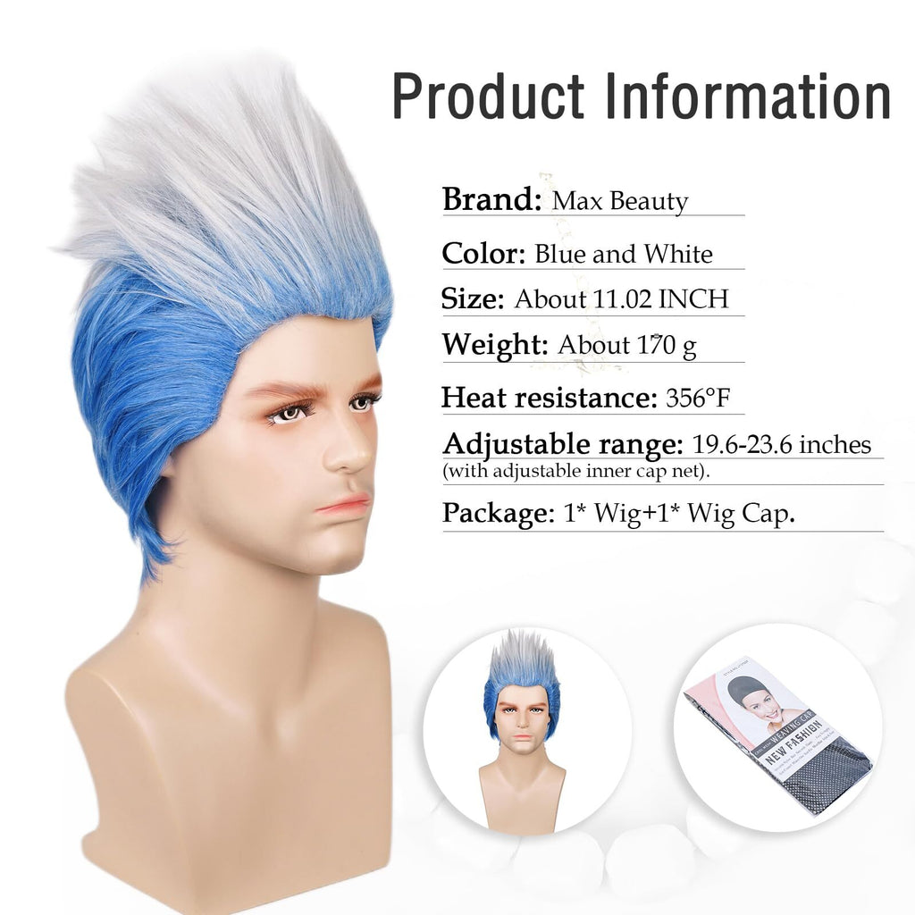 Short Curly Ombre Blue and White Cosplay Wig for Men Halloween