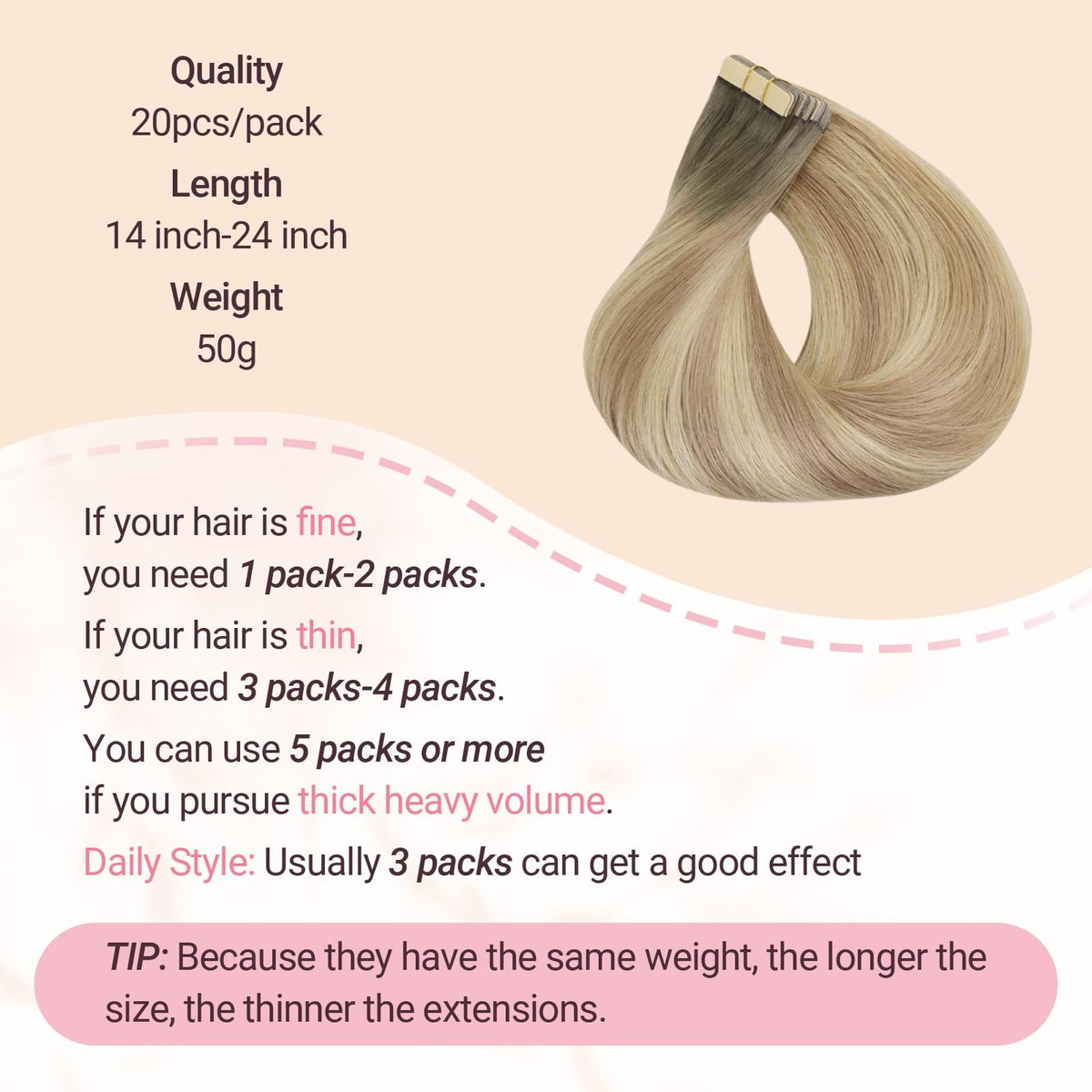 Remy Human Hair Tape-In Extensions 20 Inch 20pcs - Light Volume & Length