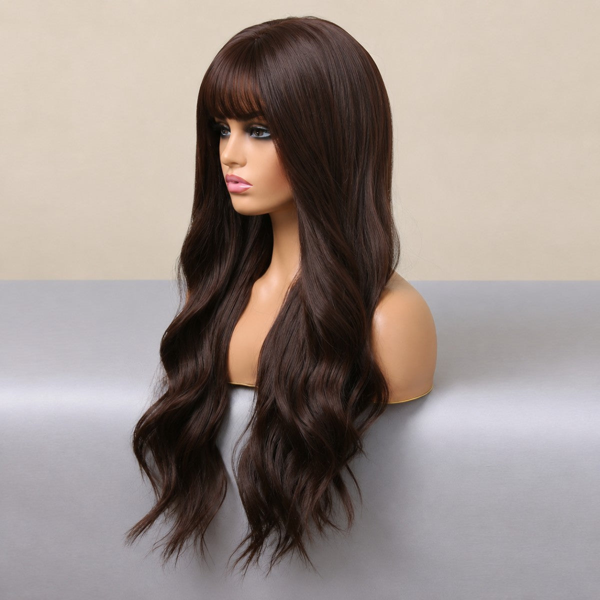 Dark Brown Long Wavy Heat-Resistant Synthetic Cosplay Wig with Bangs