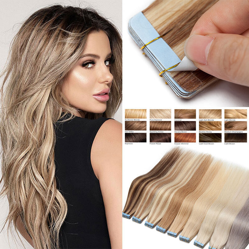 Human Hair Extensions Skin Weft Ombre Thick Tape-In Hair Extensions - Multiple Lengths & Colors