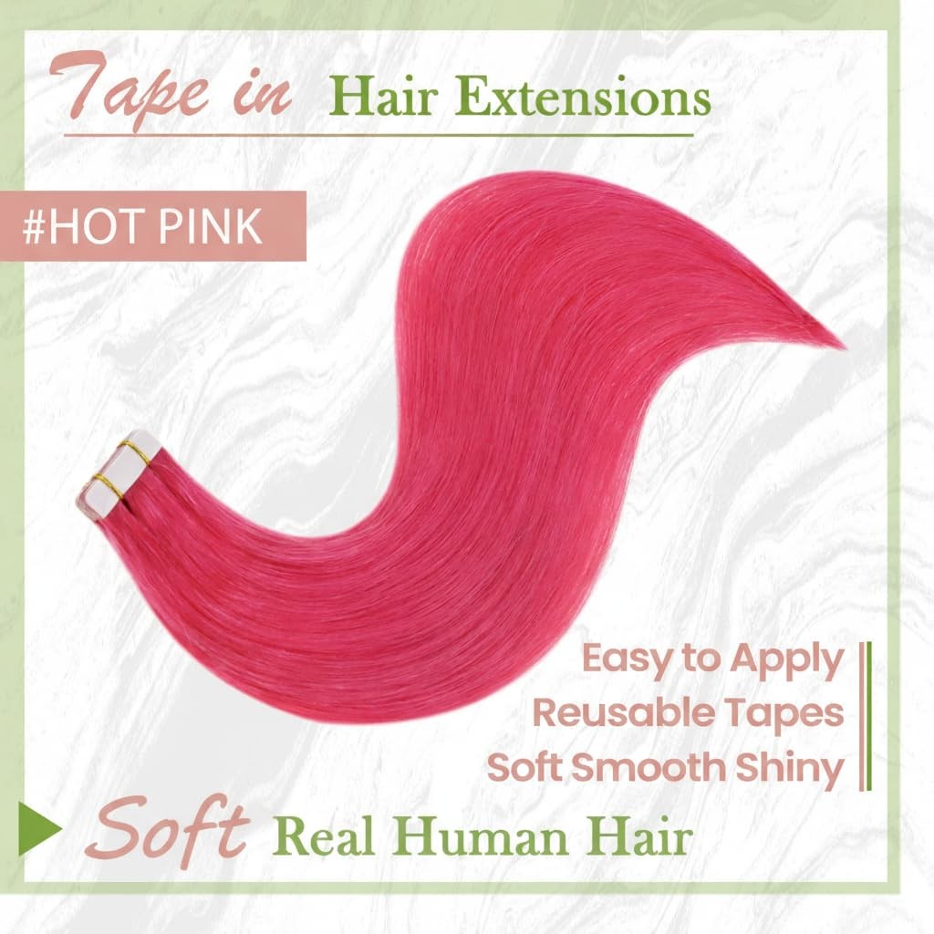 Pink Hair Extensions Tape-In Human Hair 20 Inch 10 Pieces - Vibrant Color