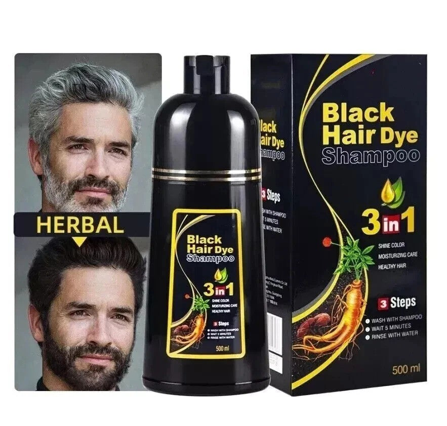 Black Hair Dye Shampoo 3-in-1 Instant Gray Coverage 500mL - Natural Herbal Formula