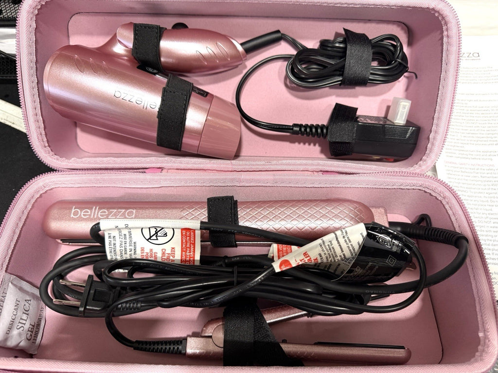 Travel Hair Dryer and Flat Iron Set - Dual Voltage Mini Blowout Kit with Carrying Case