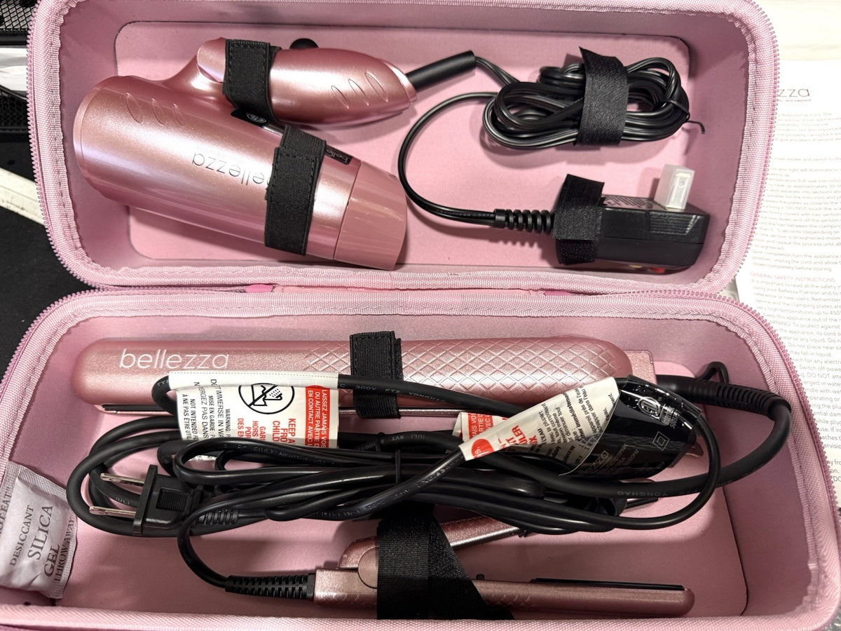 Travel Hair Dryer and Flat Iron Set - Dual Voltage Mini Blowout Kit with Carrying Case