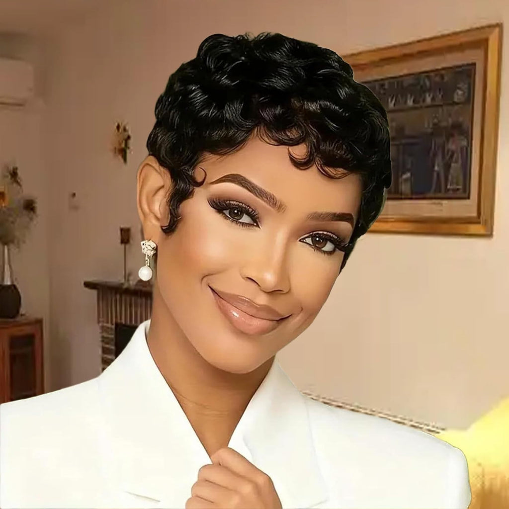 Short Curly Pixie Wig for Black Women - Brazilian Human Hair, Glueless, Natural Look