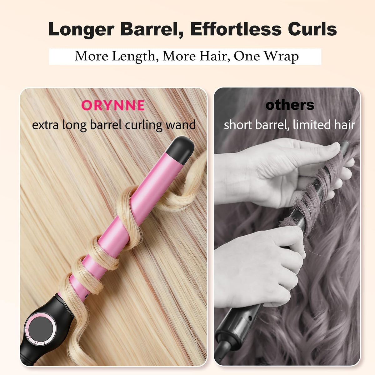 1 Inch Curling Wand for Long Hair, Extra Long Ceramic Barrel, Dual Voltage Pink & Black