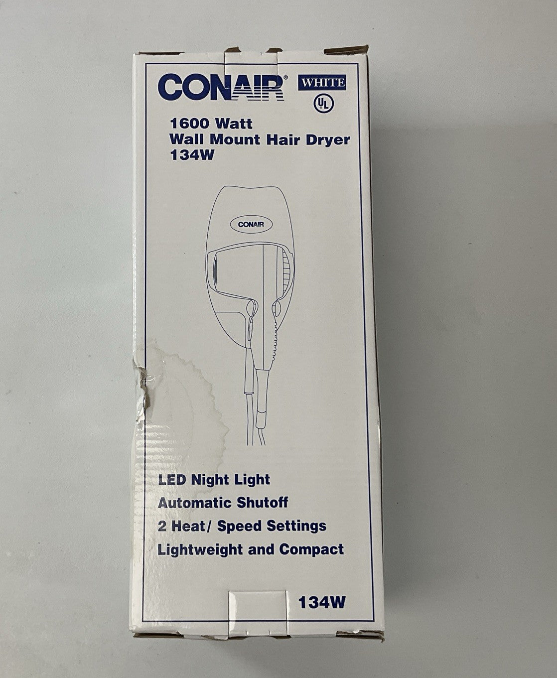 1600W Wall Mount Hair Dryer with Nightlight - 2 Speed, White