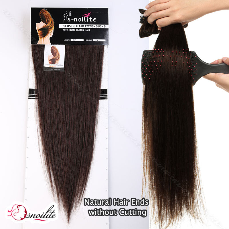 Double Drawn Human Hair Extensions Full Head Clip-In Weft Set - Brown