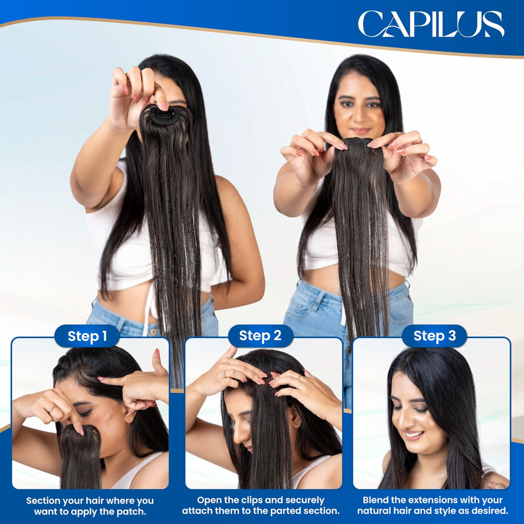 Invisible Hair Patch 12 Inch Natural Black Clip-In Extensions - Seamless Volume