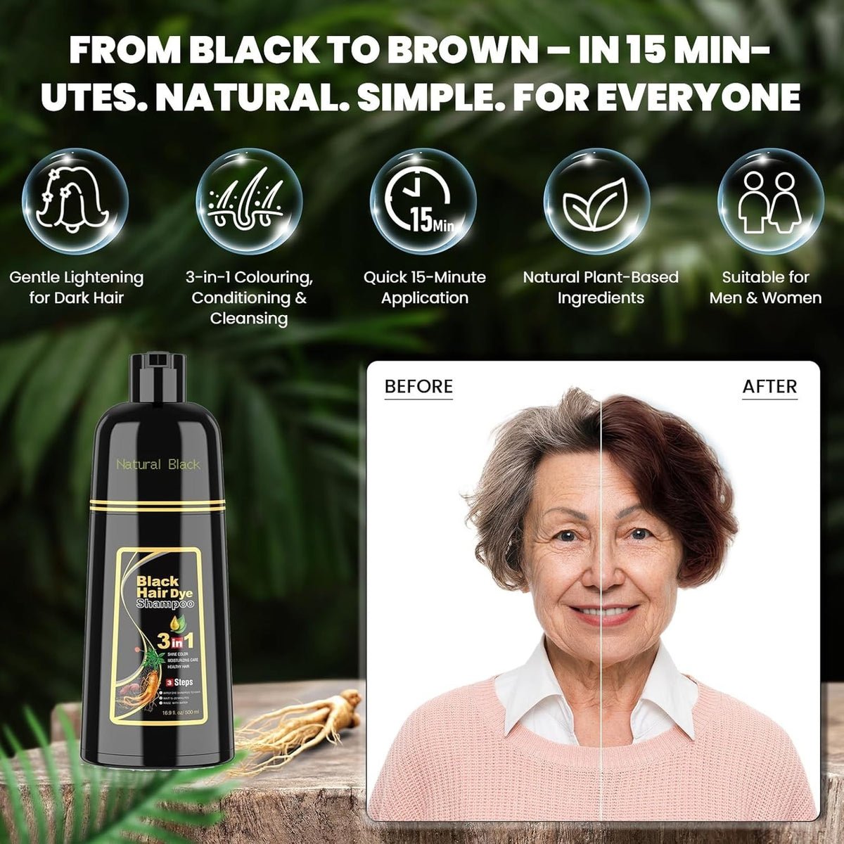Black Hair Dye Shampoo for Gray Coverage 3-in-1 Natural Plant Formula 16.9oz