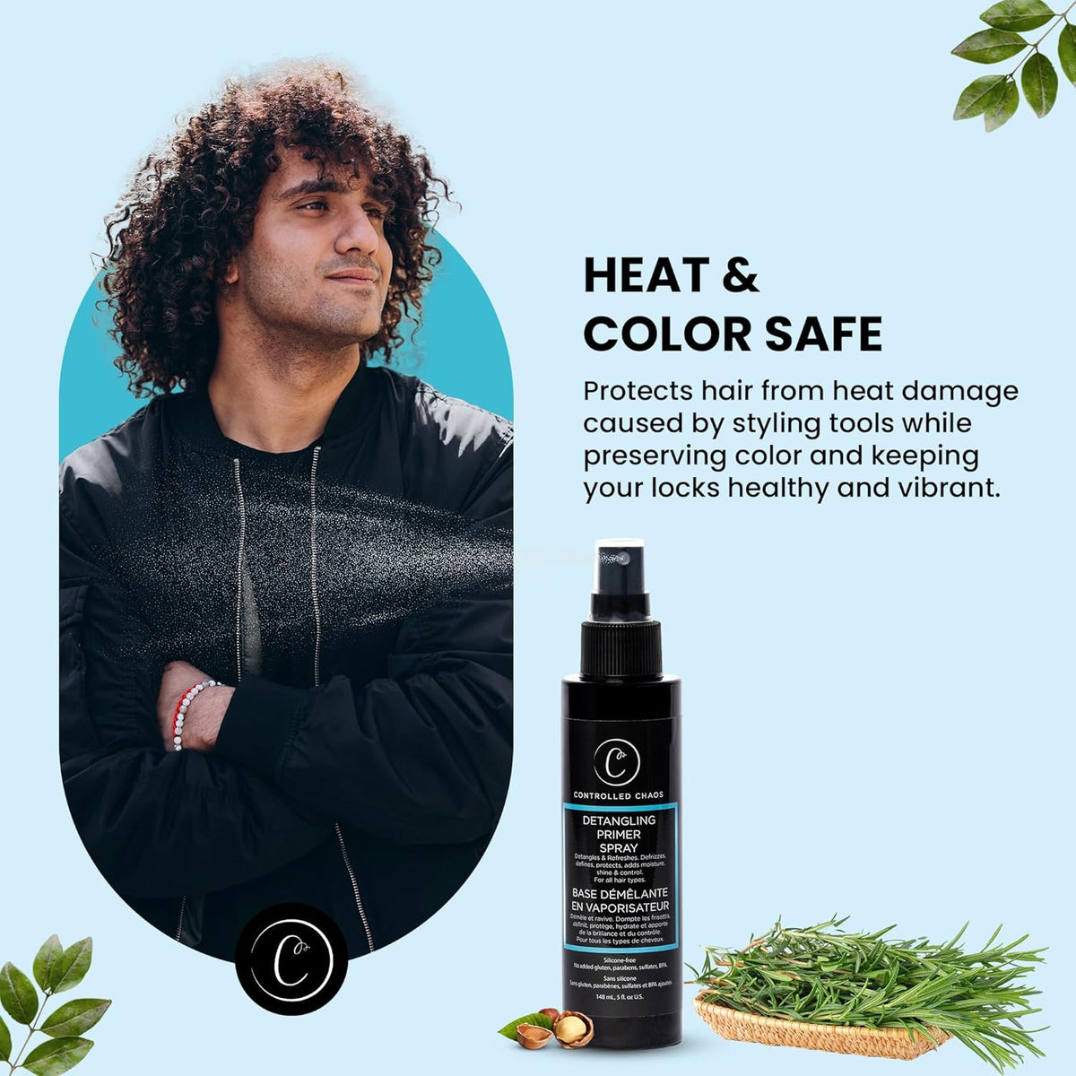 Heat Protectant Hair Spray with Rosemary & Natural Oils - Anti Frizz Detangler