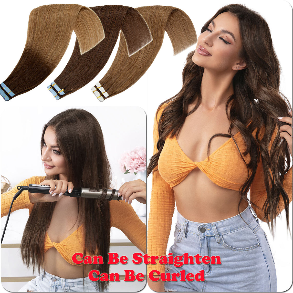 Human Hair Extensions Tape-In Full Head 22-Inch Balayage & Dark Colors