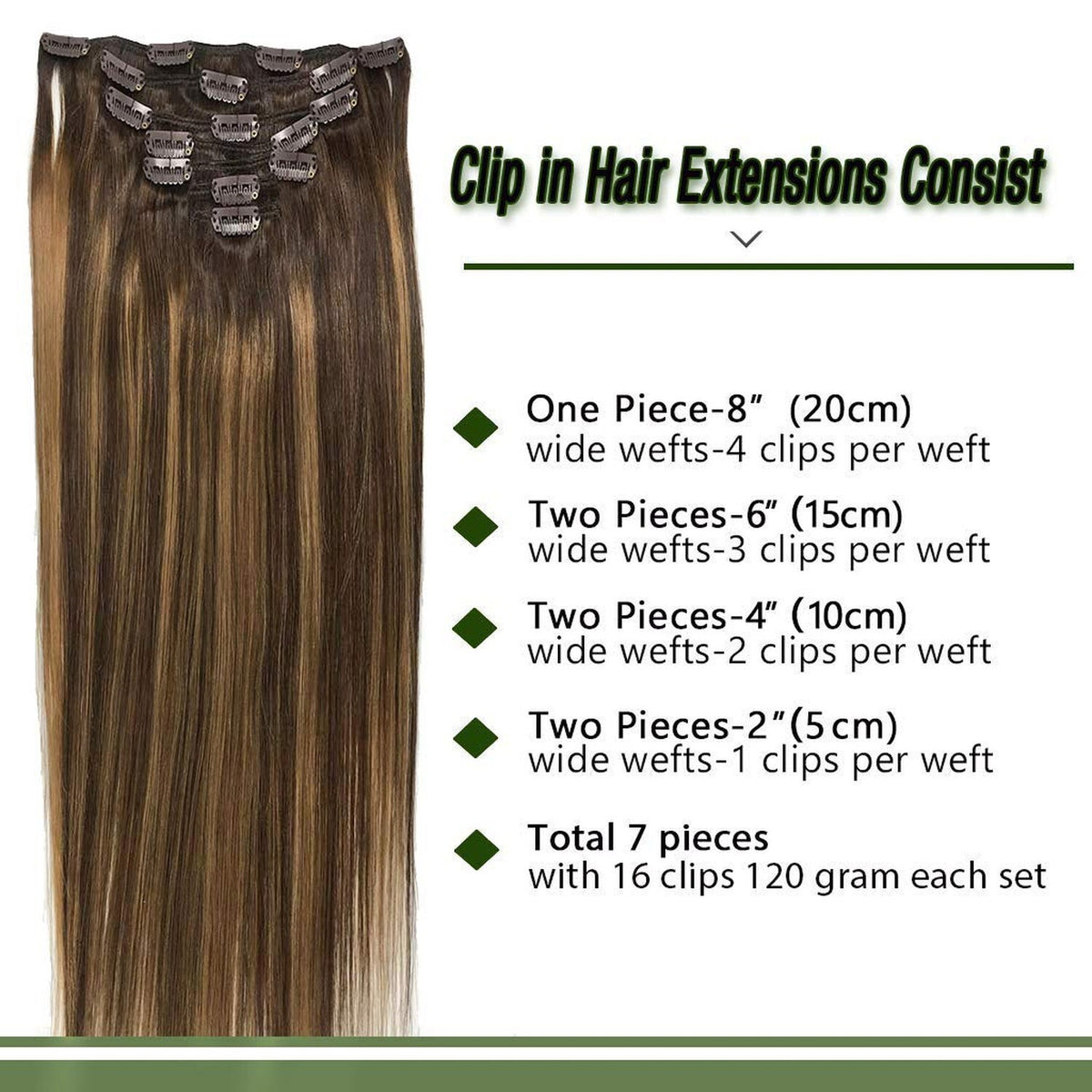 Clip-in Hair Extensions for Women, Real Human Hair, 16 Inch Long, 7pcs