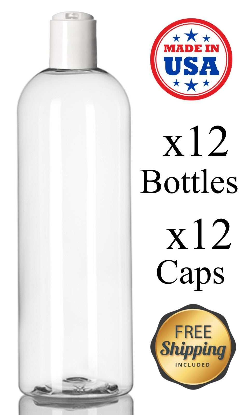 16 oz PET Plastic Cosmo Round Bottles with White Cap Bulk Pack - Clear