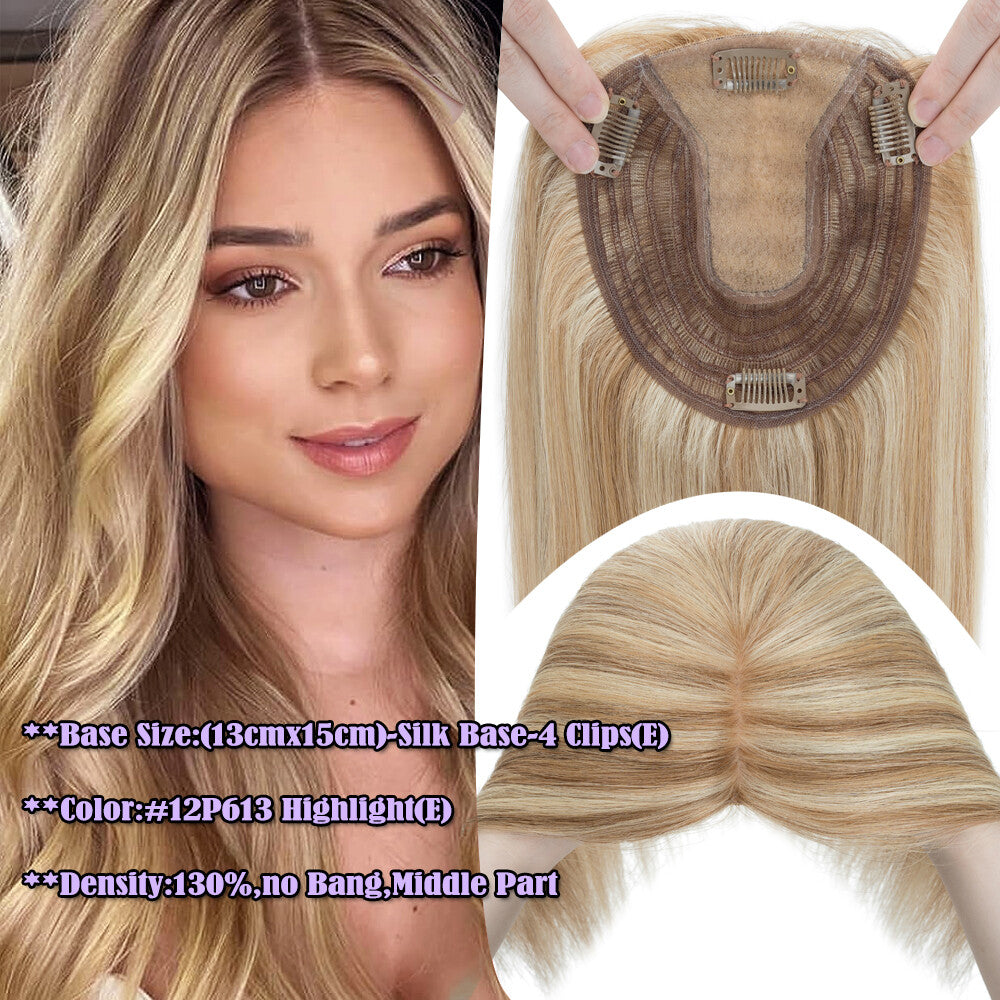 Clip-In Hair Topper with Silk Base - Remy Human Hair, Multiple Sizes & Colors