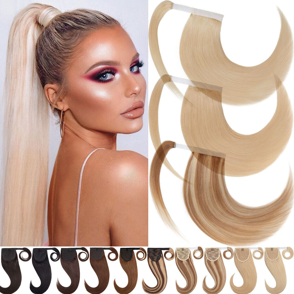 Clip-In Human Hair Ponytail Extensions Wrap Around Thick Hairpiece