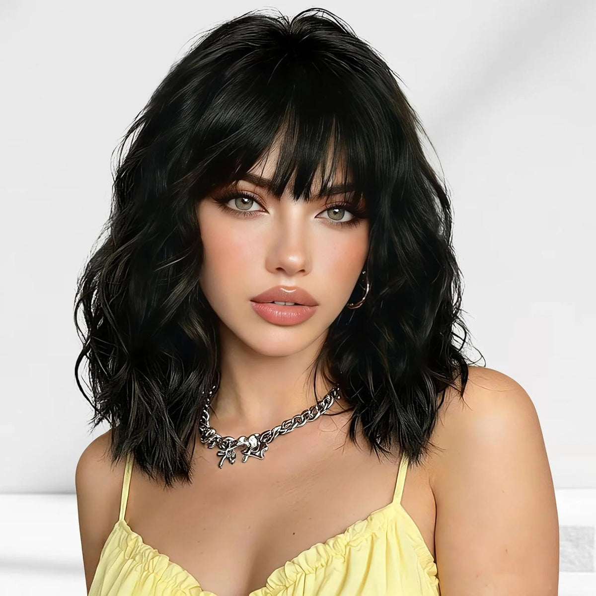 16 Inch Black Wigs for Women with Bangs - Shoulder Length Synthetic Hair