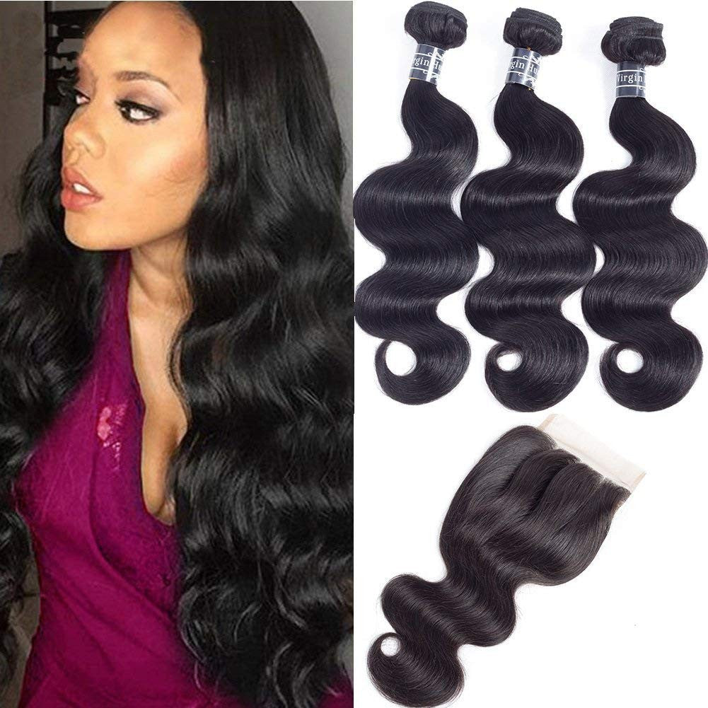 Brazilian Body Wave Hair Extensions Set with Closure - 14 16 18 Inches