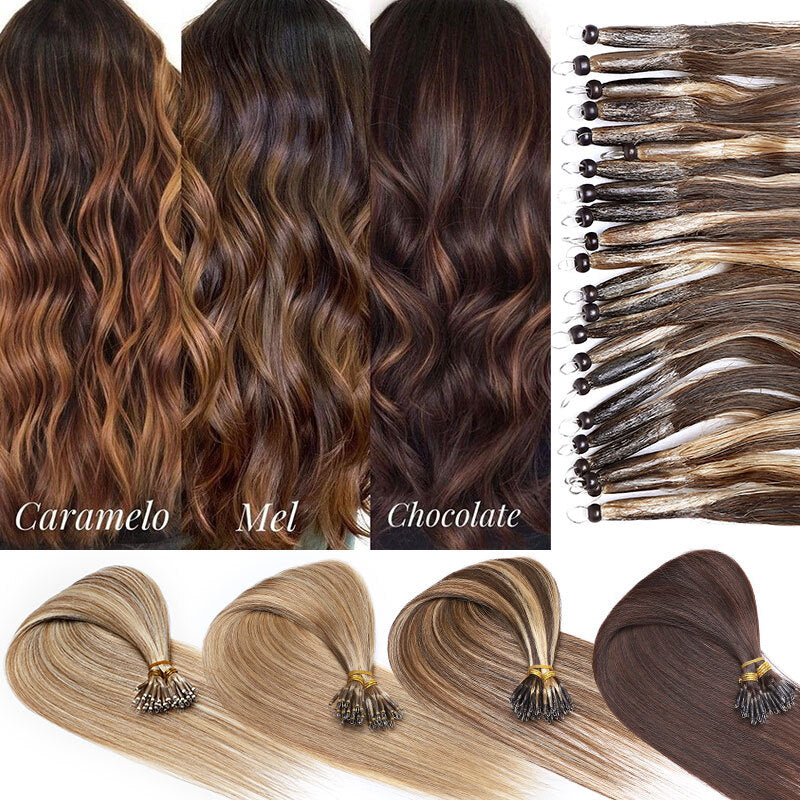 300PCS Human Hair Extensions Nano Ring Beads 16-22in Thick Remy Hair