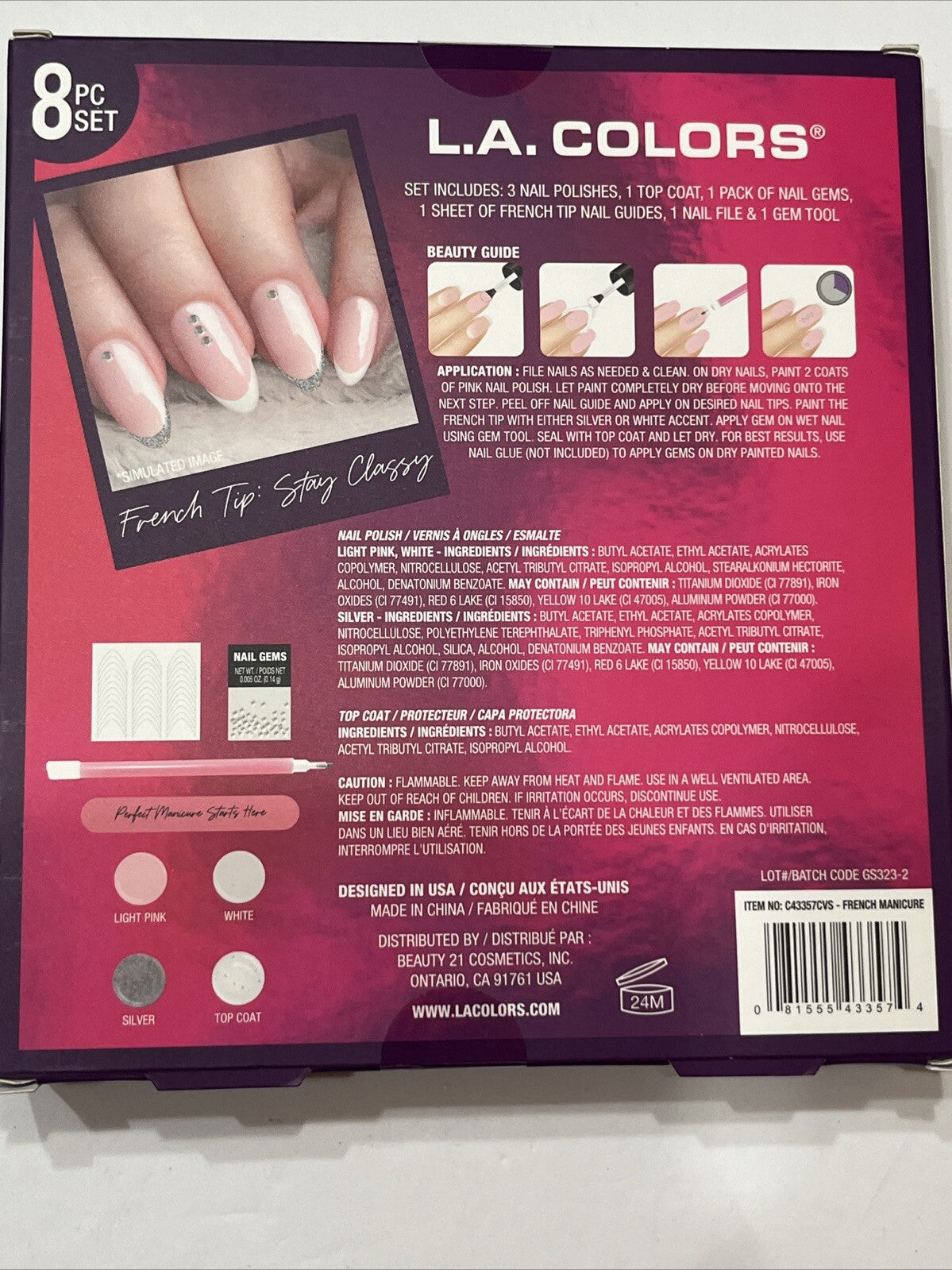 Nail Care French Tip Manicure Gift Set - 8 Piece Bright Colors