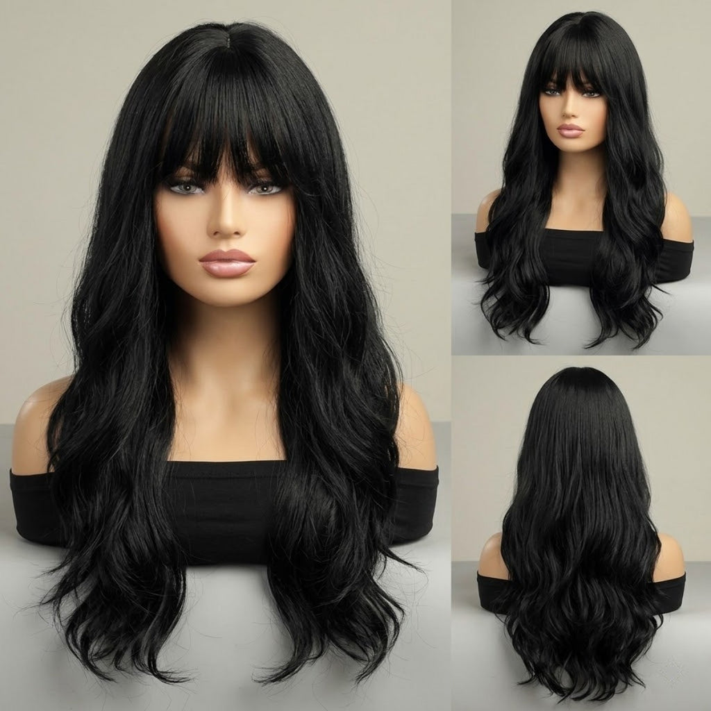 Long Wavy Synthetic Costume Wig with Bangs - Off Black, Heat Resistant, Soft & Natural Looking
