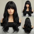 Long Wavy Synthetic Costume Wig with Bangs - Off Black, Heat Resistant, Soft & Natural Looking