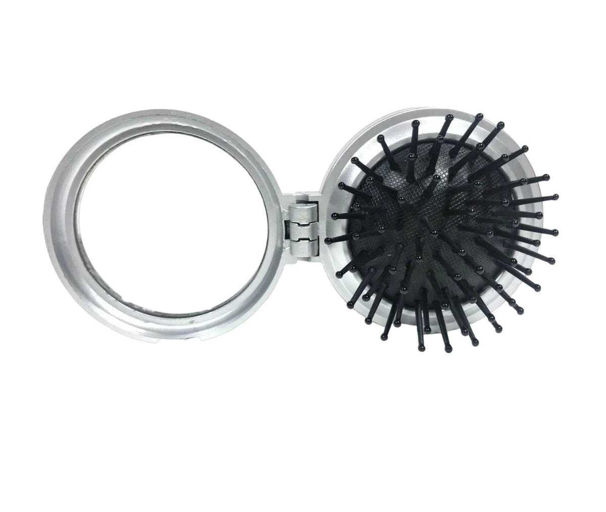 Travel Folding Hair Brush & Mirror Compact - Portable 2.5-Inch Grooming Accessory