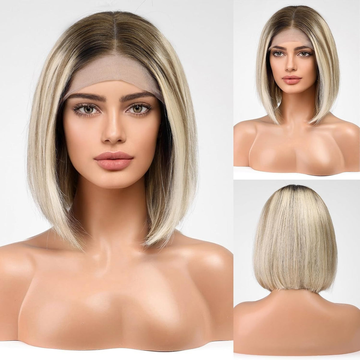 12 Inch Ombre Blonde Brown Human Hair Wig for Women - Short Lace Front Bob