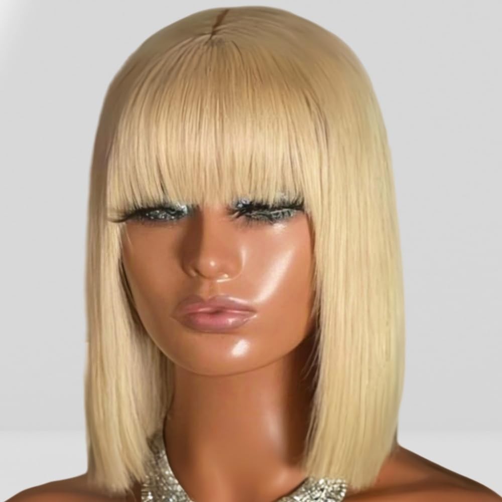 12-Inch Black Straight Wig with Bangs for Women - High Temp Fiber