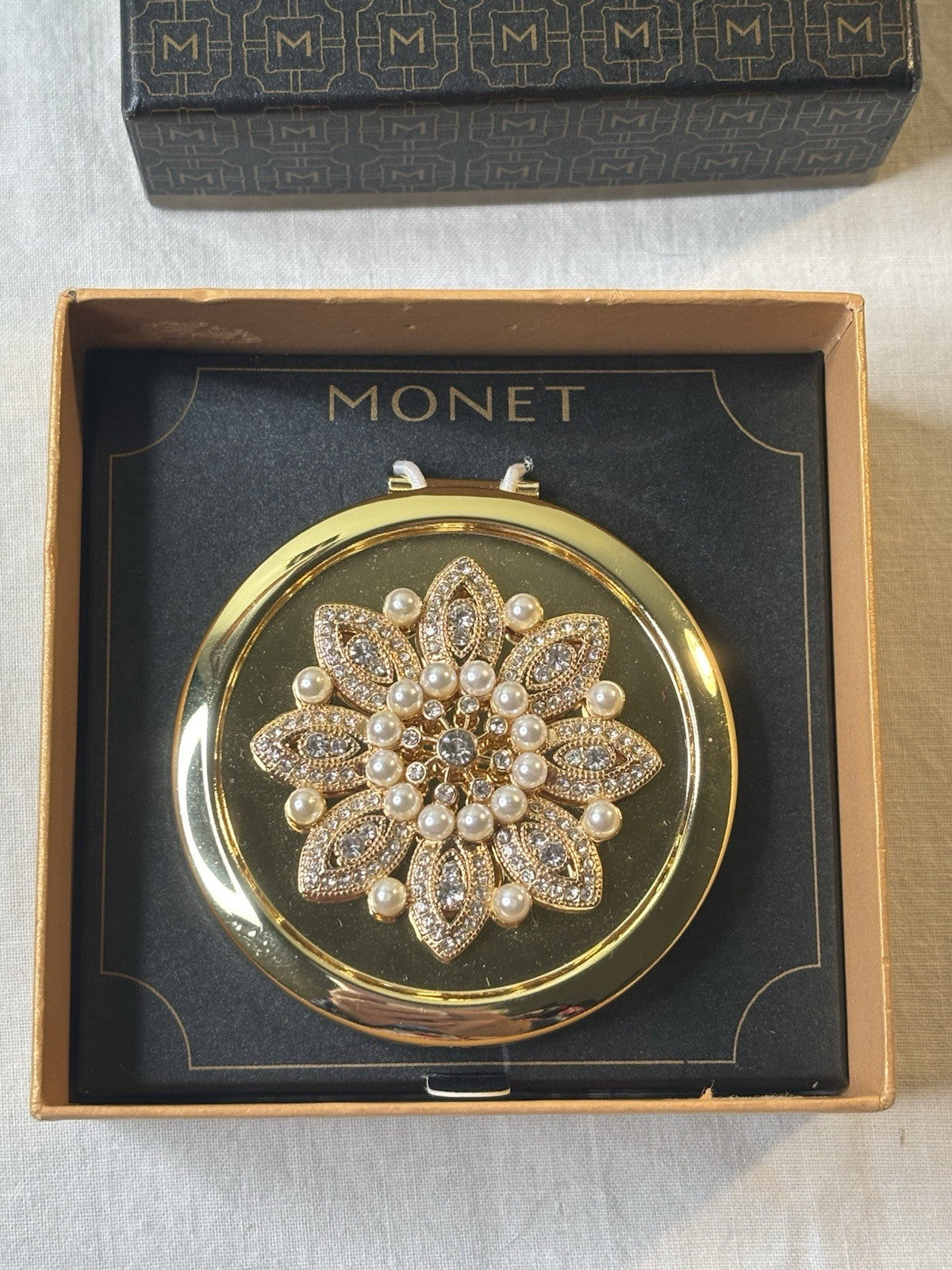 Monet Compact Mirror with Gold Tone Rhinestone Pearls Filigree