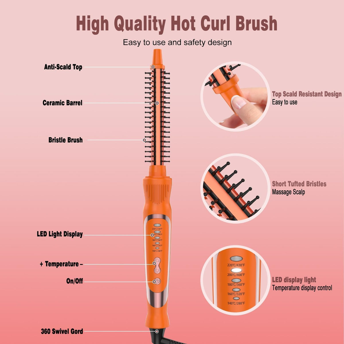 1/2 Inch Ceramic Curling Iron Brush for Short Hair Styling, Heat Settings