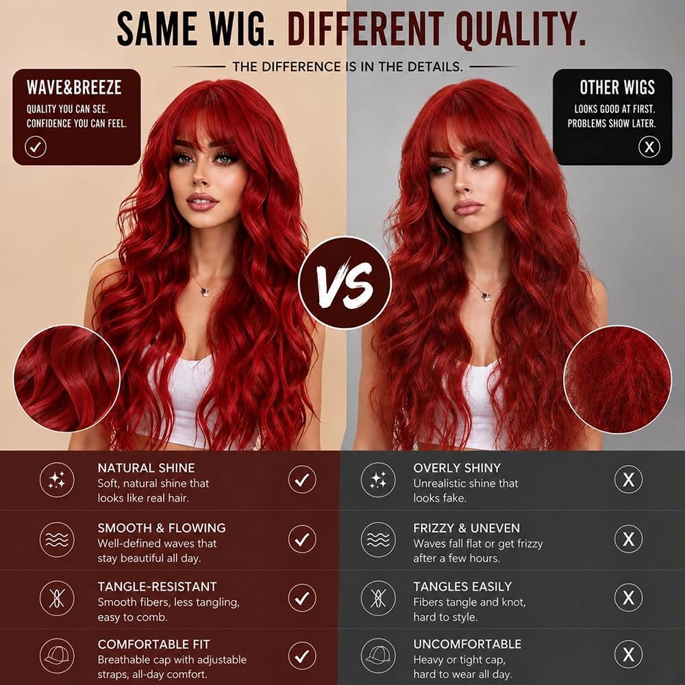 Long Red Wavy Curly Wig with Bangs - 26 Inch Synthetic Hair for Women