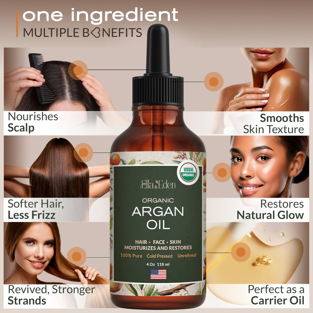 Organic Moroccan Argan Oil for Hair & Skin - 4 Fl Oz, Pure & Cold-Pressed