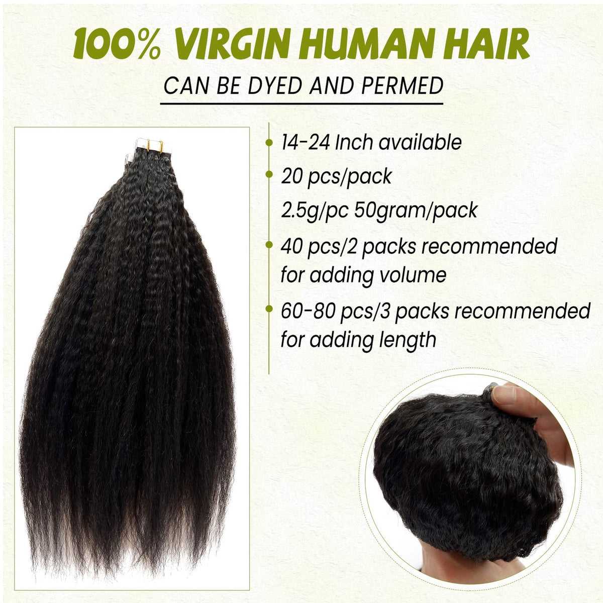 Human Hair Tape-In Extensions Kinky Straight Black for Women - 20 Inch