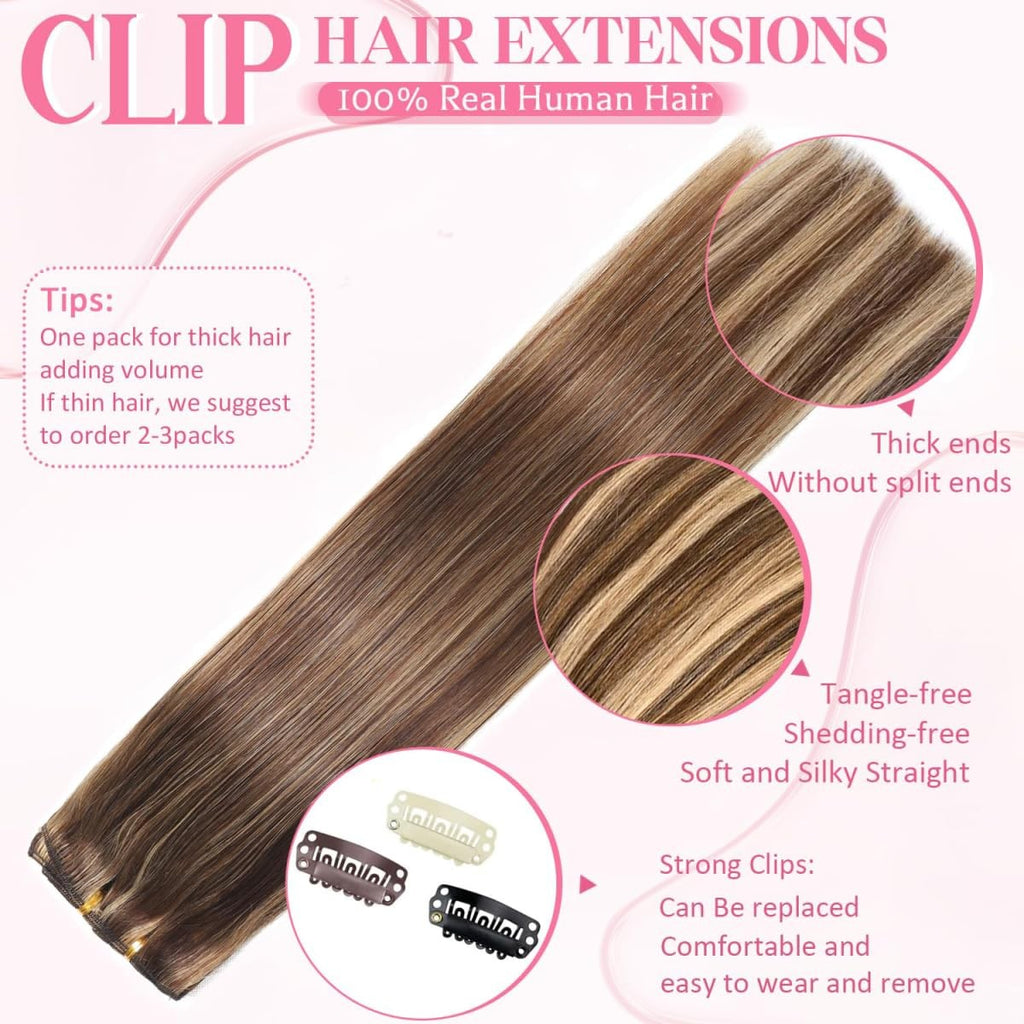 Clip In Hair Extensions 8pcs 16 Inches Brown to Honey Blonde Remy Human Hair