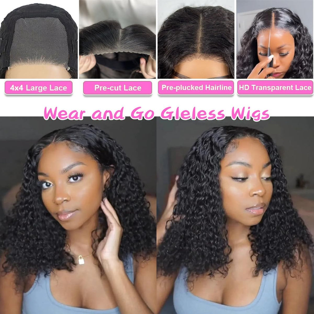 Glueless Human Hair Curly Bob Wig Deep Wave Pre Plucked Pre Cut 4x4 Closure