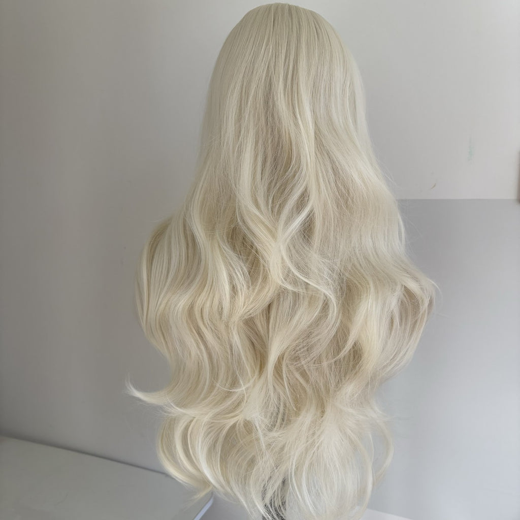 Long Wavy Blonde Synthetic Costume Wig with Bangs - Heat Resistant, Tangle-Free