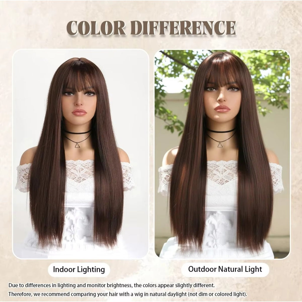 Dark Brown Long Straight Synthetic Wig with Bangs - Beginner Friendly Cosplay Hair