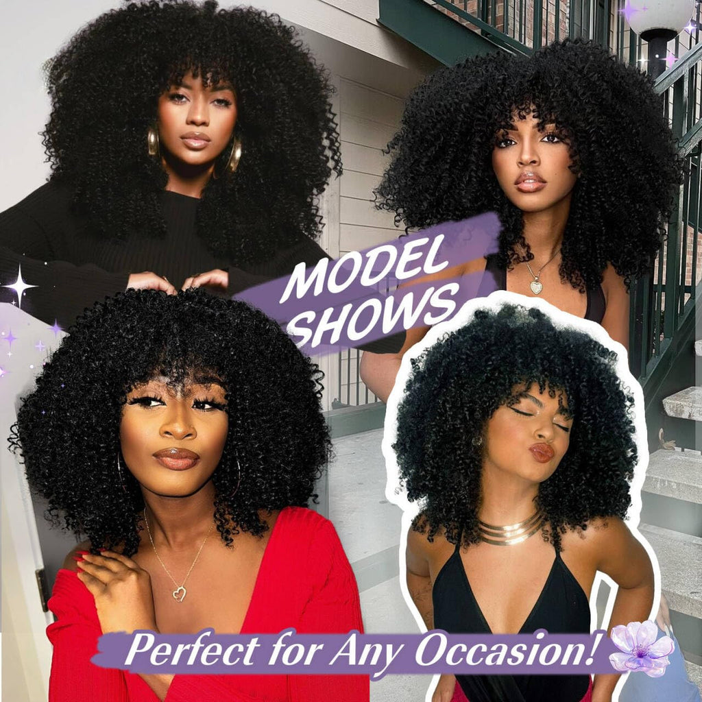Curly Afro Wigs for Black Women 16 Inch Synthetic Wig with Bangs - Natural Look & Low Maintenance