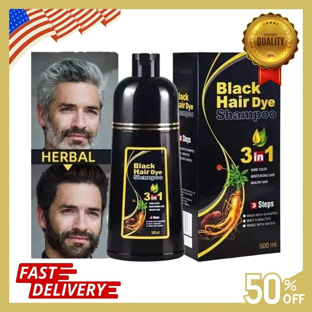 Black Hair Dye Shampoo 3-in-1 Instant Gray Coverage 500mL - Natural Herbal Formula
