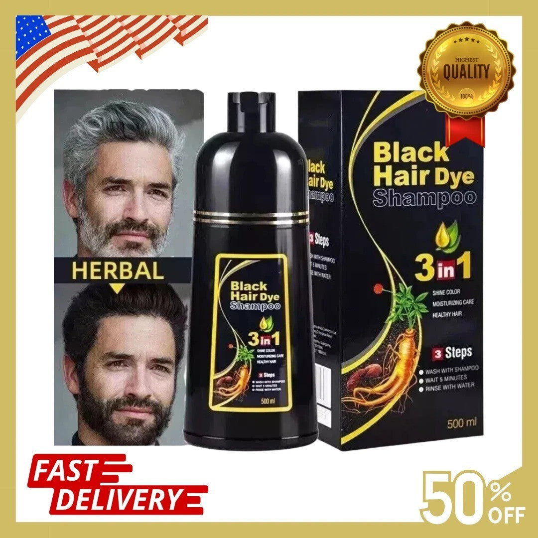 Black Hair Dye Shampoo 3-in-1 Instant Gray Coverage 500mL - Natural Herbal Formula