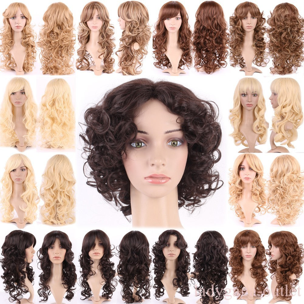 Women Long Curly Wavy Synthetic Wig with Bangs for Party & Costume